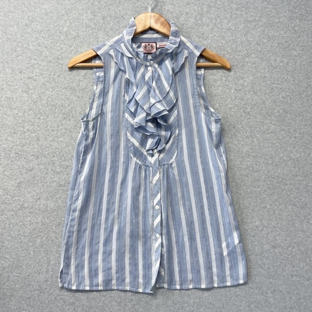 Juicy Couture Shirt Womens 2‎ Blue Stripes Button Up Office Siren Y2K Ruffles